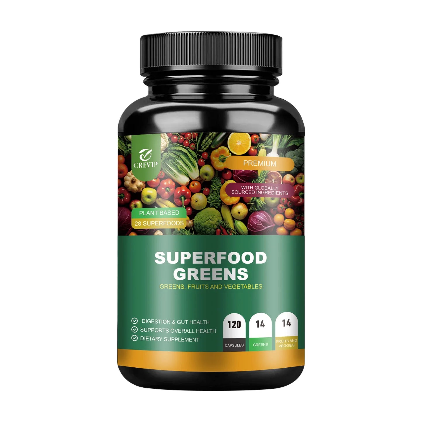 Organic Superfood Greens Supplement - Digestive Support, Energy Boost, Antioxidant - 120 Capsules