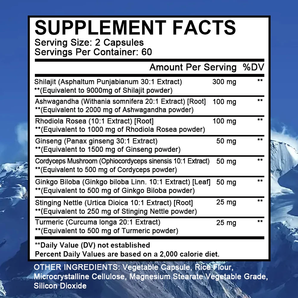 Shilajit Pure Himalayan with Ashwagandha, Rhodiola, Ginseng, Men & Women Supplement - Brain, Energy, Joints, Immunity