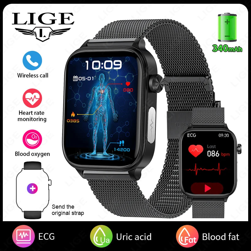 LIGE 2025 New ECG+PPG Smart Watch Men Blood Lipid Uric Acid Health Monitor Bluetooth Call Sleep Physical Health Smartwatch Women