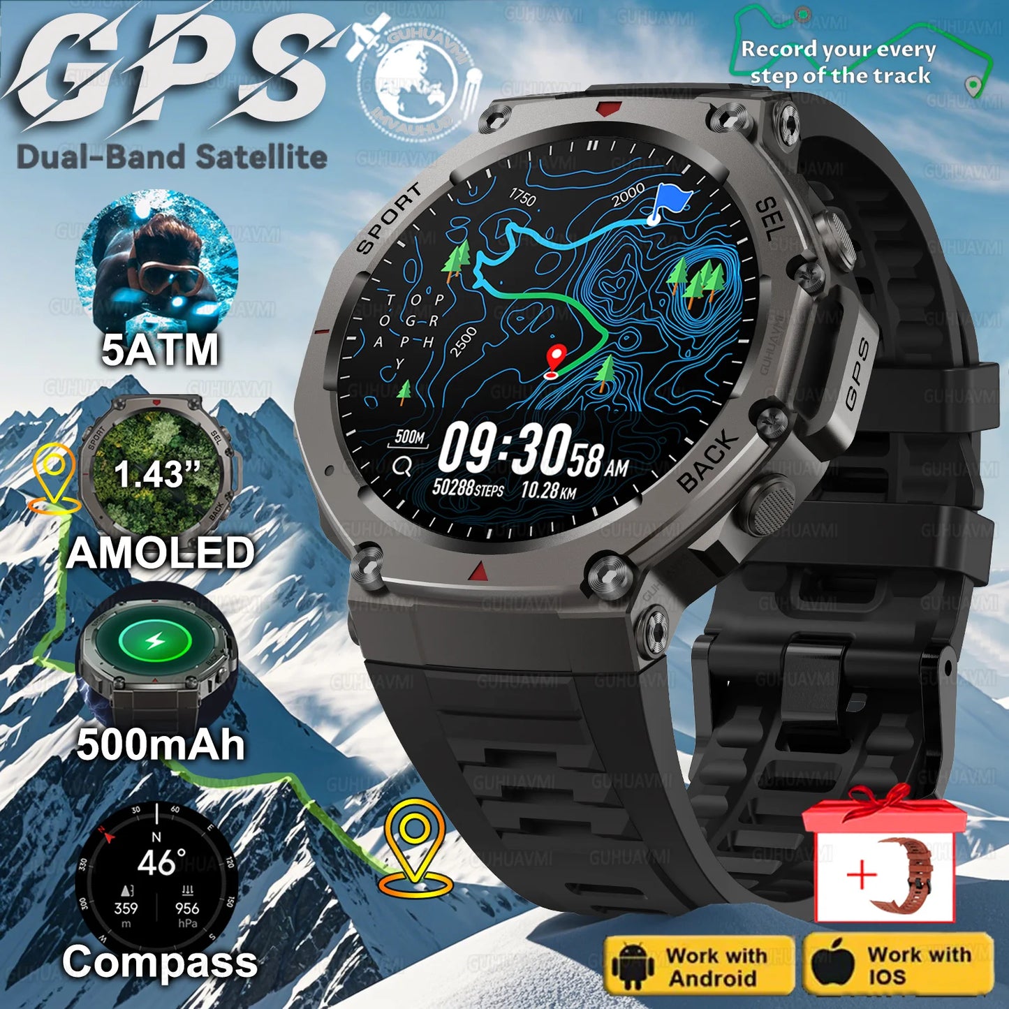T-Rex 3 Built-in Dual-band GPS Smart Watch Men Smartwatch Compass Altimeter Barometric 5ATM IP69K Waterproof AMOLED HD Watches