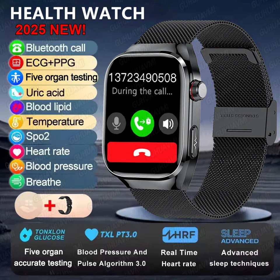 2025New Accurate Blood Fat Uric Acid Smart Watch Men Micro Physical Examination Five Organ HealthClock Bluetooth Call Smartwatch