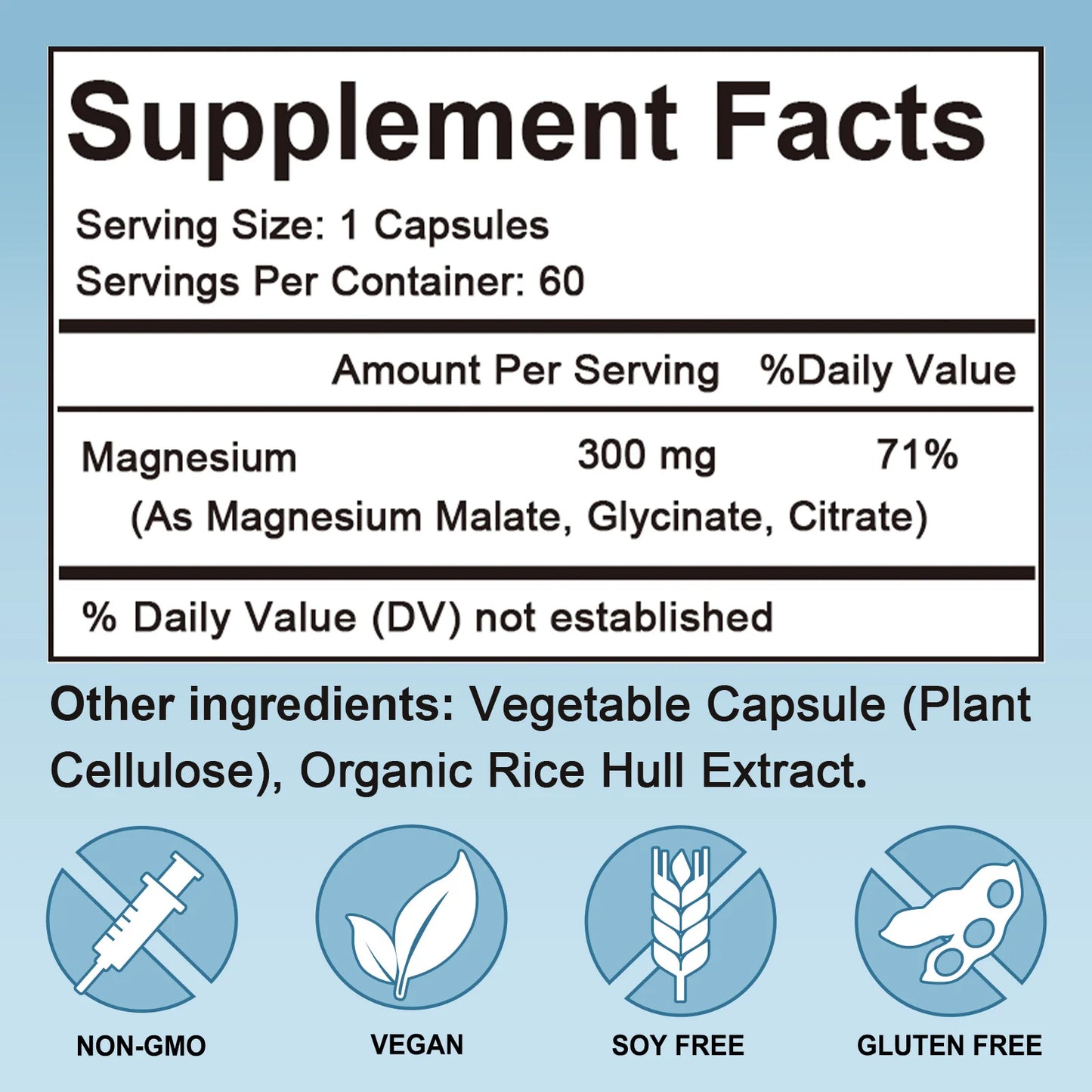 Triple Magnesium Complex 300 Mg, Support Muscle, Nerves, Energy and Heart Health, Non-GMO 60 Capsules