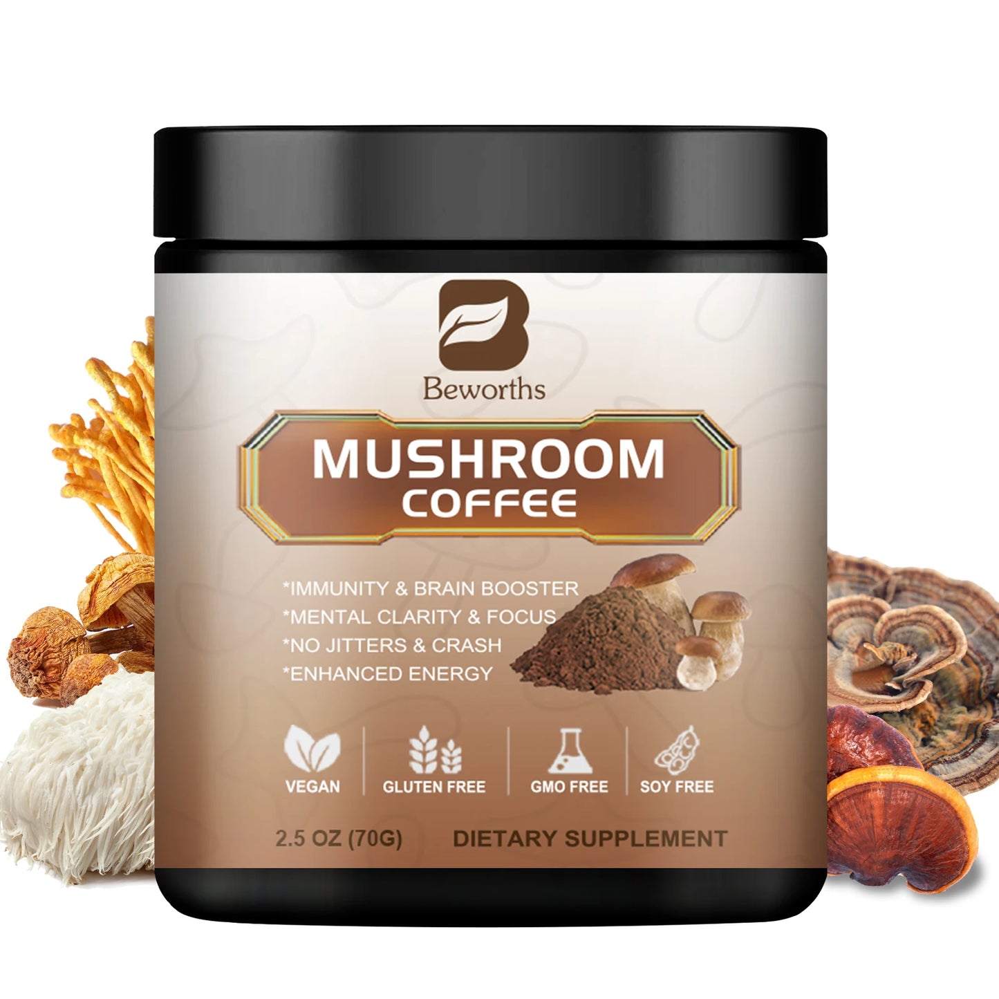 Mushroom Coffee 10 Mushroom Extract - Lion's Mane, Cordyceps, Reishi, Turkey Tail, Chaga, Maitake for energy and immune support