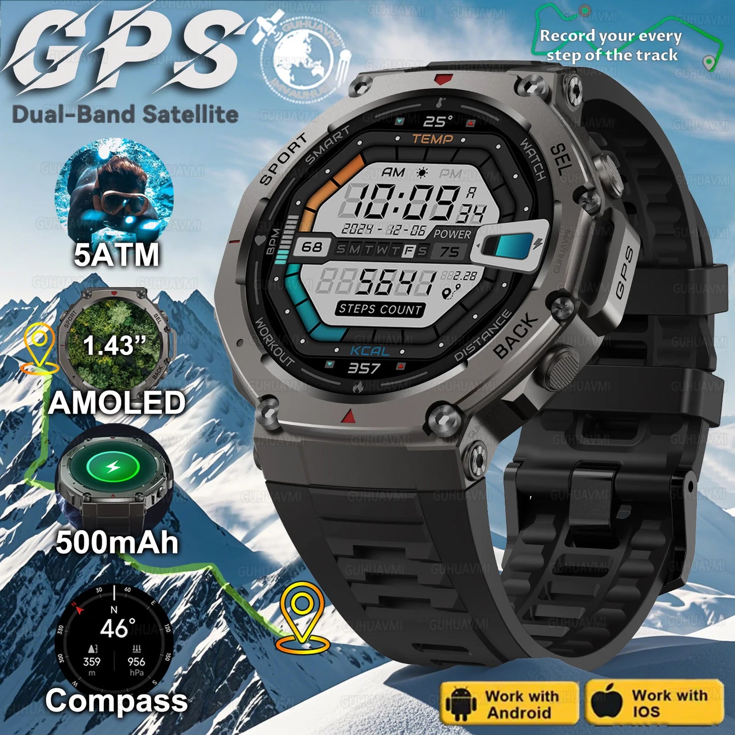 T-Rex 3 Built-in Dual-band GPS Smart Watch Men Smartwatch Compass Altimeter Barometric 5ATM IP69K Waterproof AMOLED HD Watches