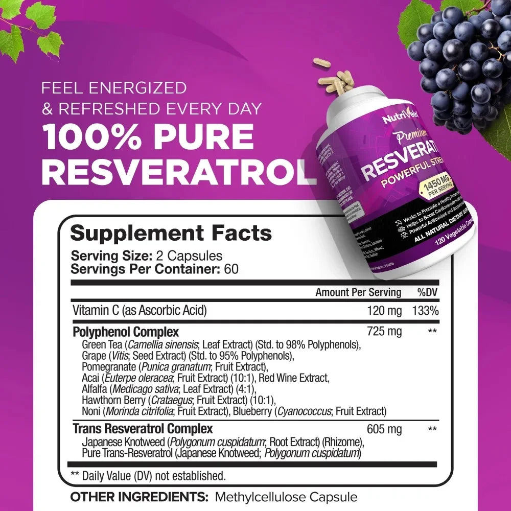 Resveratrol antioxidant supplement for boosting energy levels, immunity, anti-aging, healthy immune system, beauty