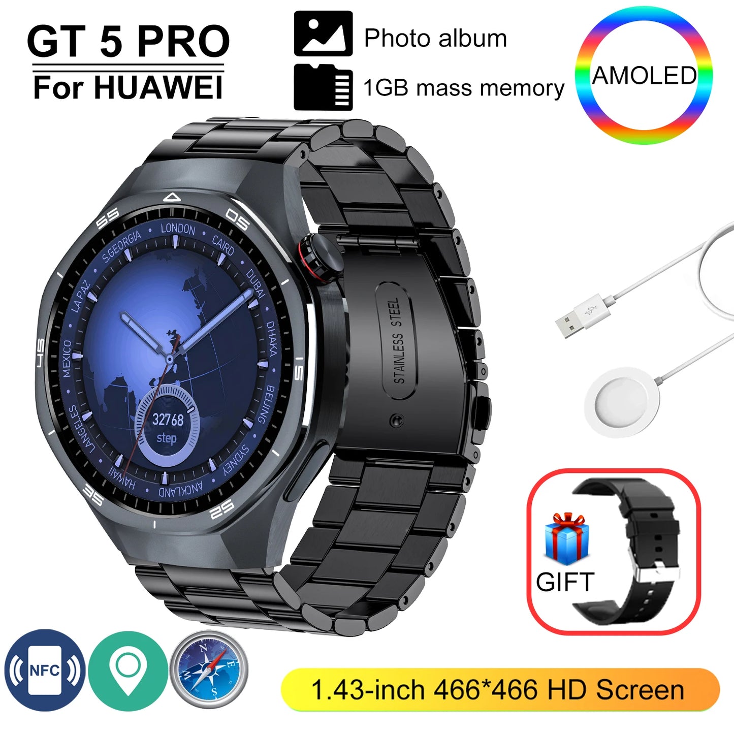 GT 5 Pro 2025 New SmartWatch Men 466*466 HD Screen 24h Blood Pressure Monitoring Men's Women NFC GPS Outdoor Sports Smartwatch