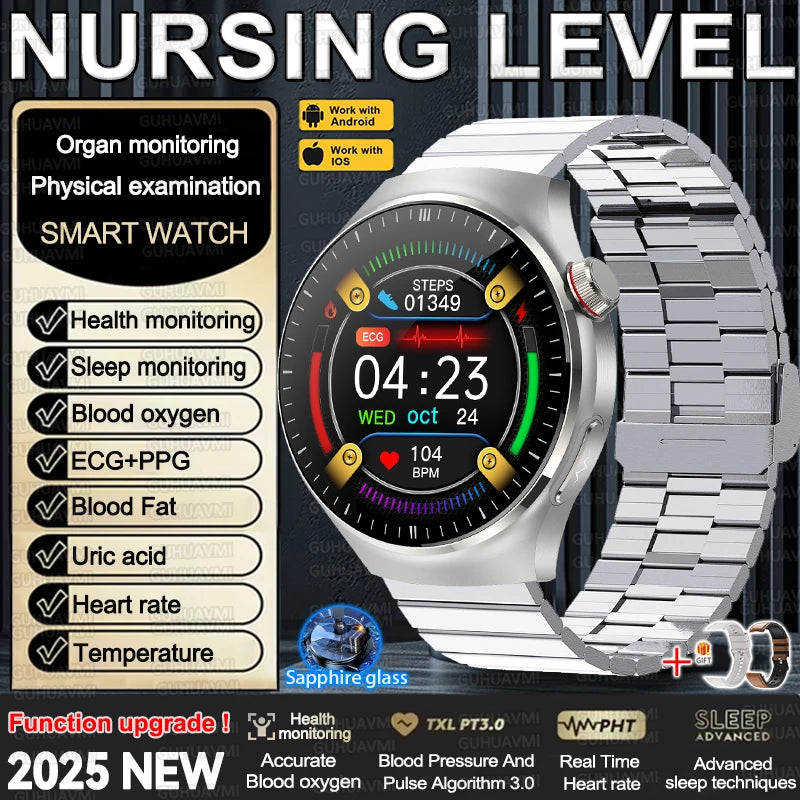 2025 New Nursing Grade Smart Watch Accurate Blood pressure Heart Rate Uric Acid ECG+PPG Bluetooth Calling Health Smart watch Men