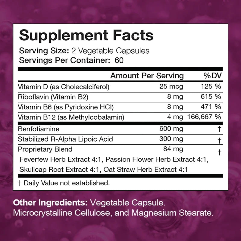300 mg of stabilized R-lipoic acid, a multivitamin and antioxidant that supports nervous system health and blood sugar balance.