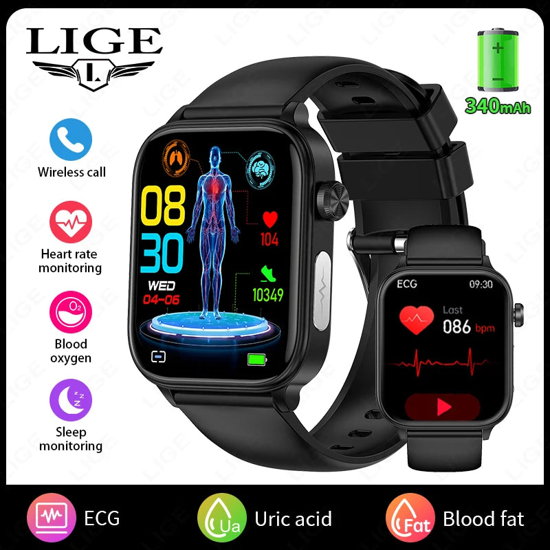LIGE 2025 New ECG+PPG AI Healthy Diagnose Smart Watch Men Women Blood Lipid Uric Acid Female Menstrual Health Tracker Smartwatch