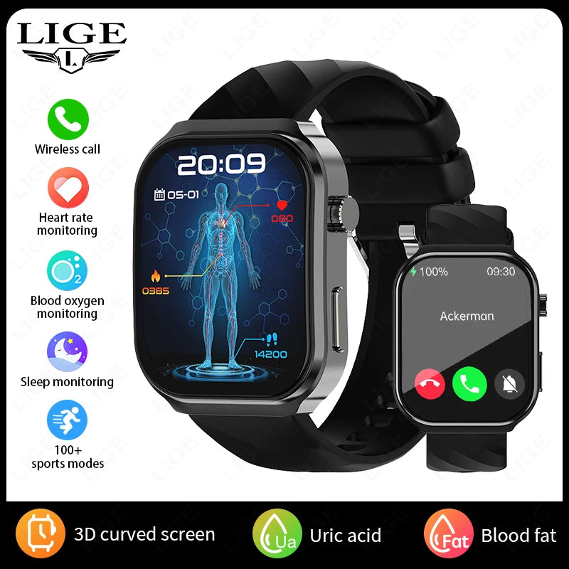 LIGE 2025 New AI Healthy Diagnose Smart Watch Blood Lipid Uric Acid Bluetooth Call Blood Pressure Health Smartwatch Men Women