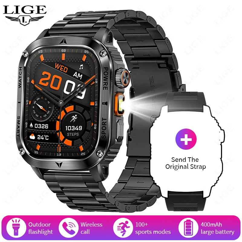 LIGE 2025 New Outdoor Flashlight Smart Watch Men 2.01” HD Screen 400mAh Bluetooth Call IP68 Waterproof Health Monitor Smartwatch