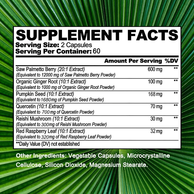 Saw Palmetto and Ginger Root Supplements for Prostate Health, Hair Growth, Urinary Tract Health, Inflammation Management