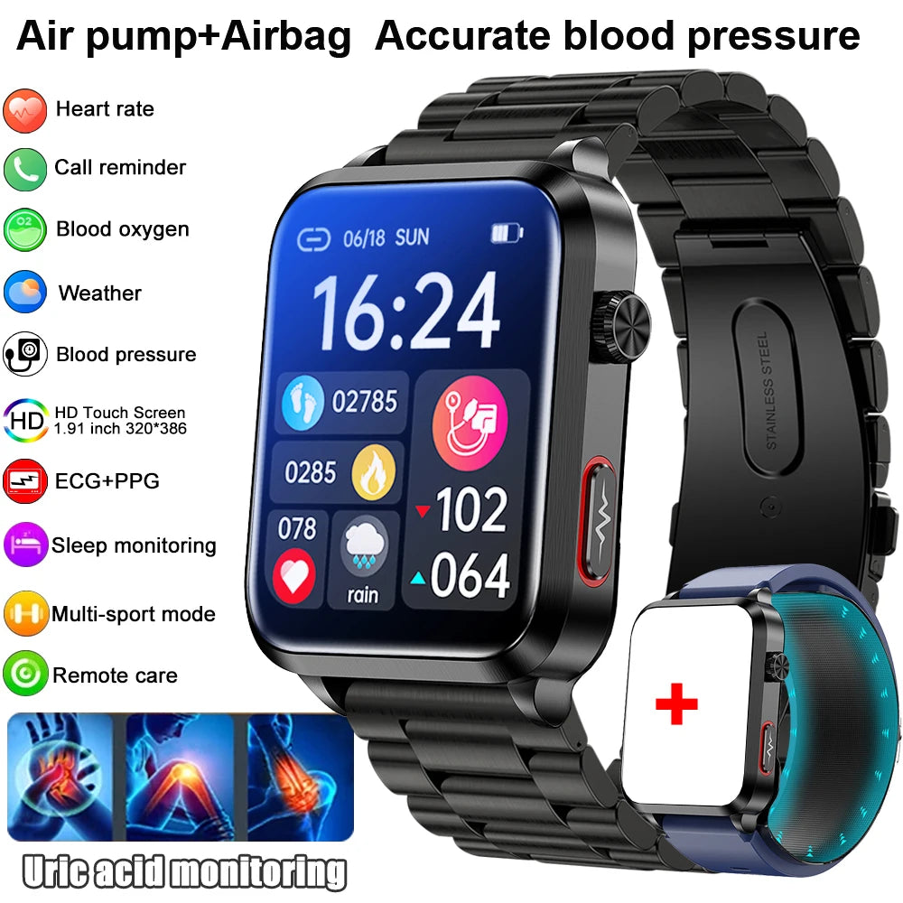 2025 New Air Pump ECG Smart Watch men Airbag health watch for huawei True Accurately Blood Pressure Uric Acid Blood Lipids watch