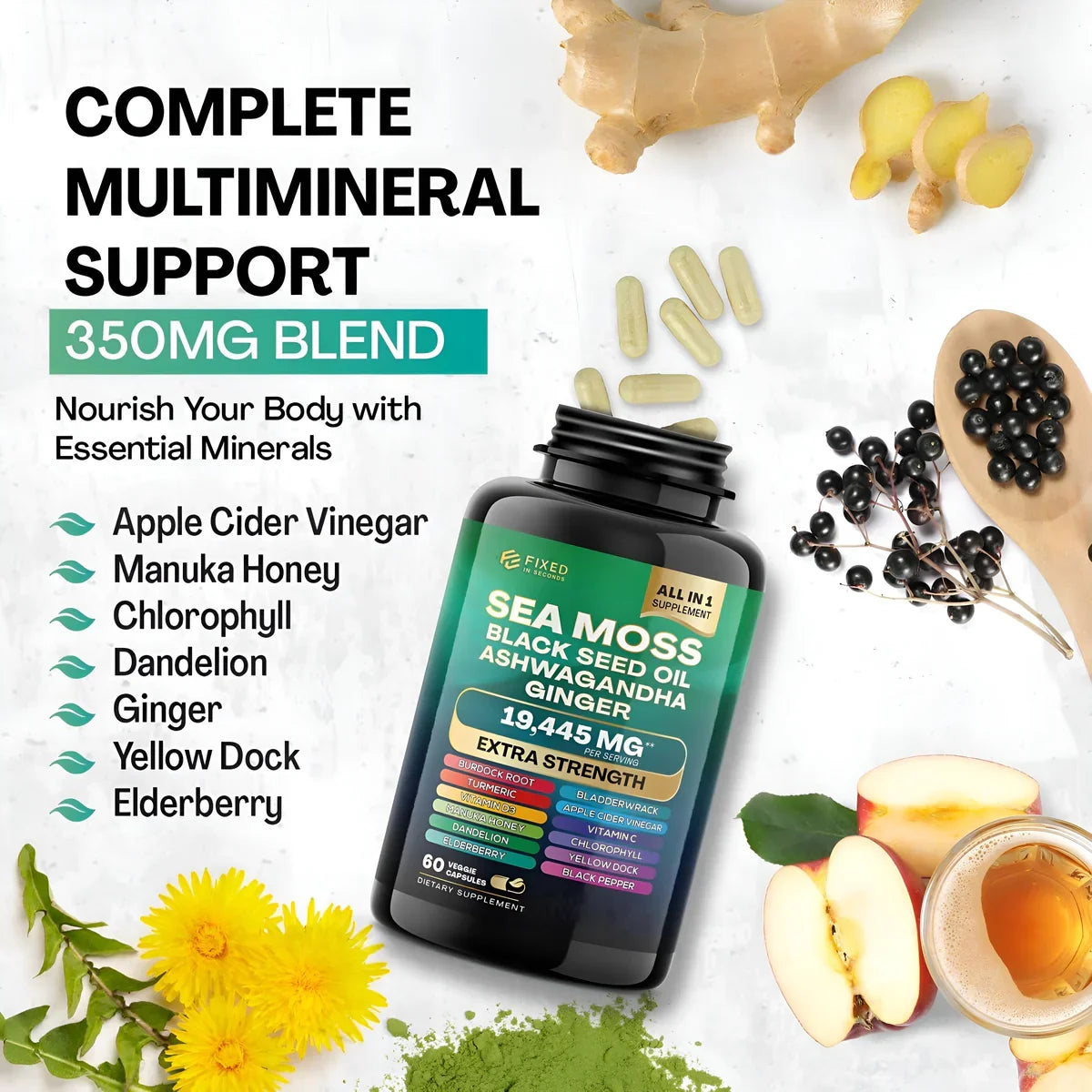 FIXED IN SECONDS Sea Moss Black Seed Oil Ashwagandha Ginger 16 in 1 19445MG -Made in USA-120 capsules