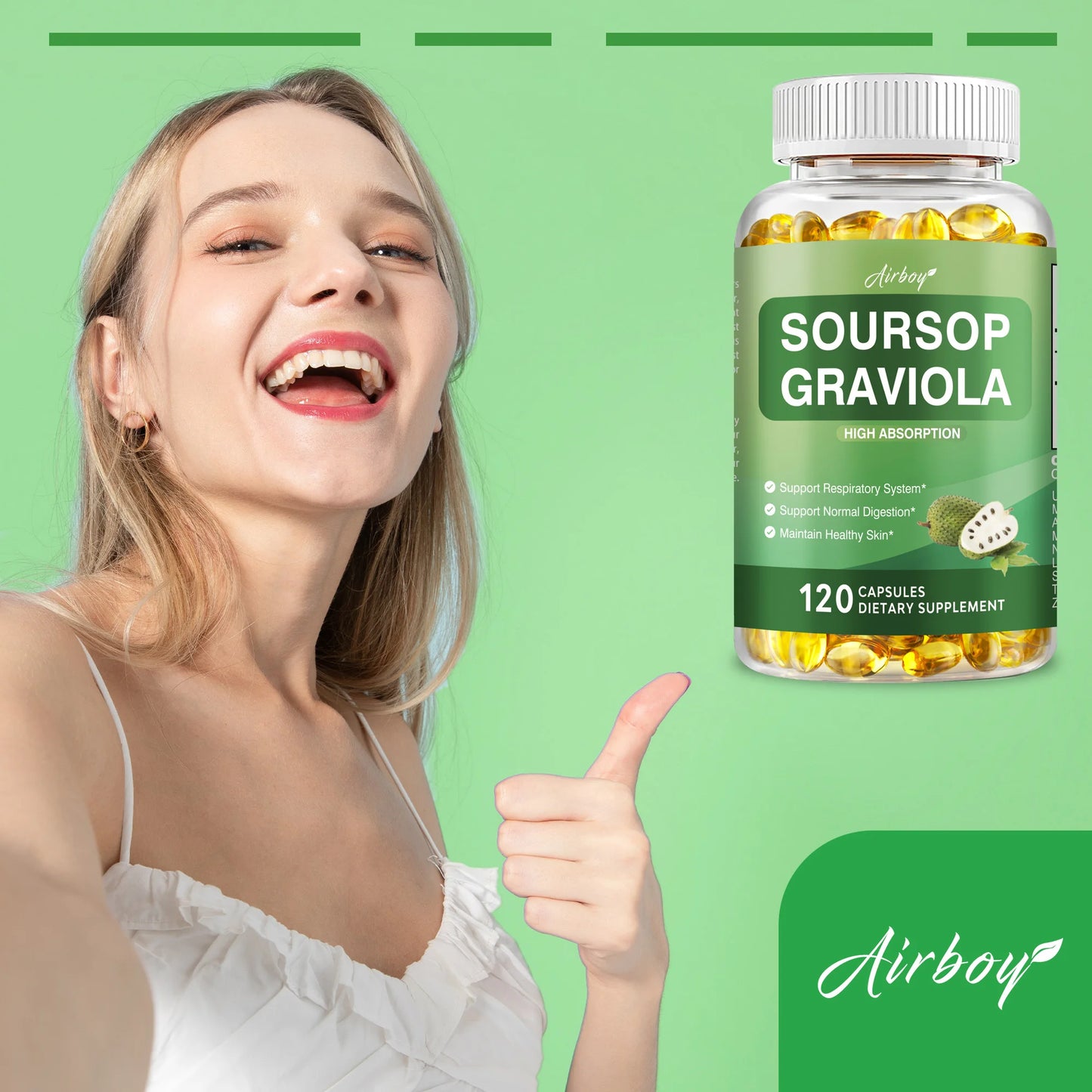 Soursop Graviola - Supports Healthy Cell Growth and Function, Improves Mood, Relieves Stress, Immune Support - 120 Capsules