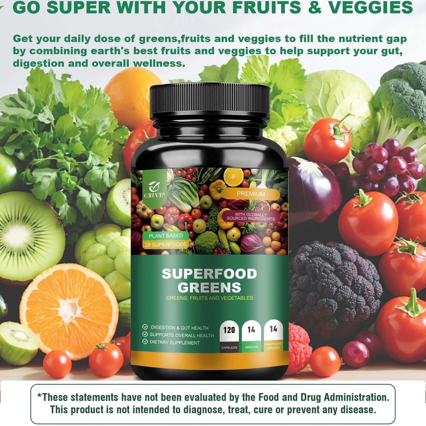 Organic Superfood Greens Supplement - Digestive Support, Energy Boost, Antioxidant - 120 Capsules