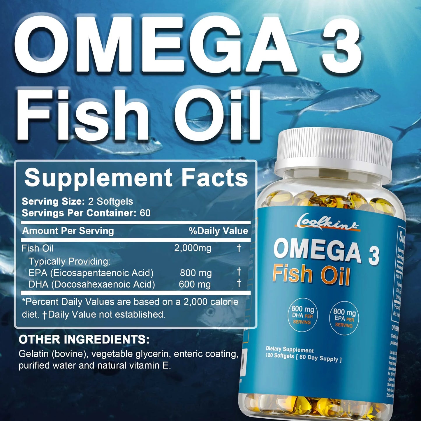 Omega 3 Fish Oil - with DHA & EPA - Supports Brain, Nervous System, Cardiovascular, Skin Health, Antioxidant - 120 Capsules