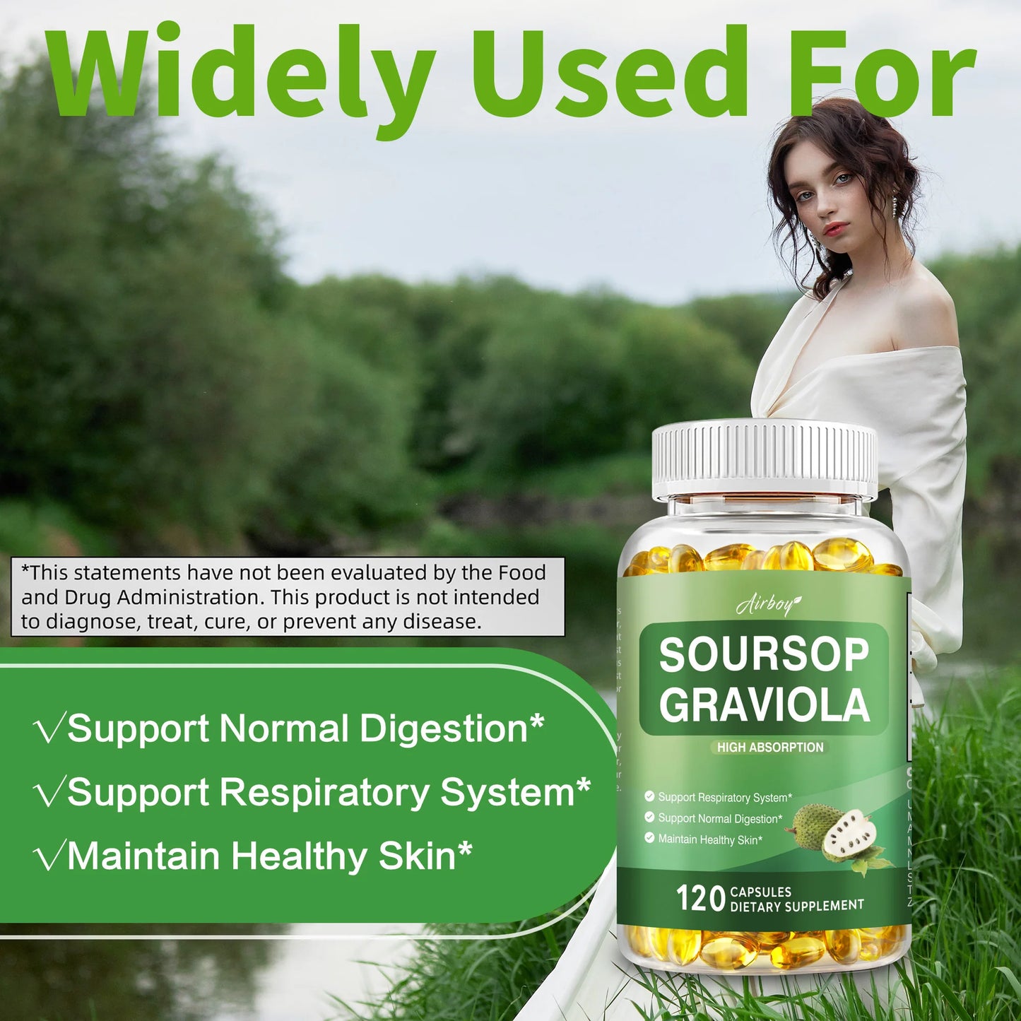 Soursop Graviola - Supports Healthy Cell Growth and Function, Improves Mood, Relieves Stress, Immune Support - 120 Capsules