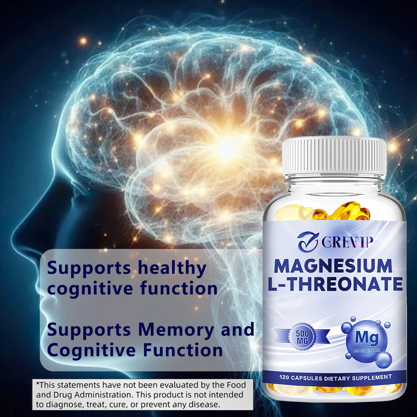 Magnesium L-Threonate Supplement - Supports Quality of Sleep, Focus, Memory & Learning Brain Health - 120 Capsules