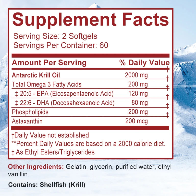 Antarctic Krill Oil - Supports Brain,Cardiovascular,Joint,Eye & Skin Health - Omega-3 EPA, DHA, Astaxanthin - 120 Capsules