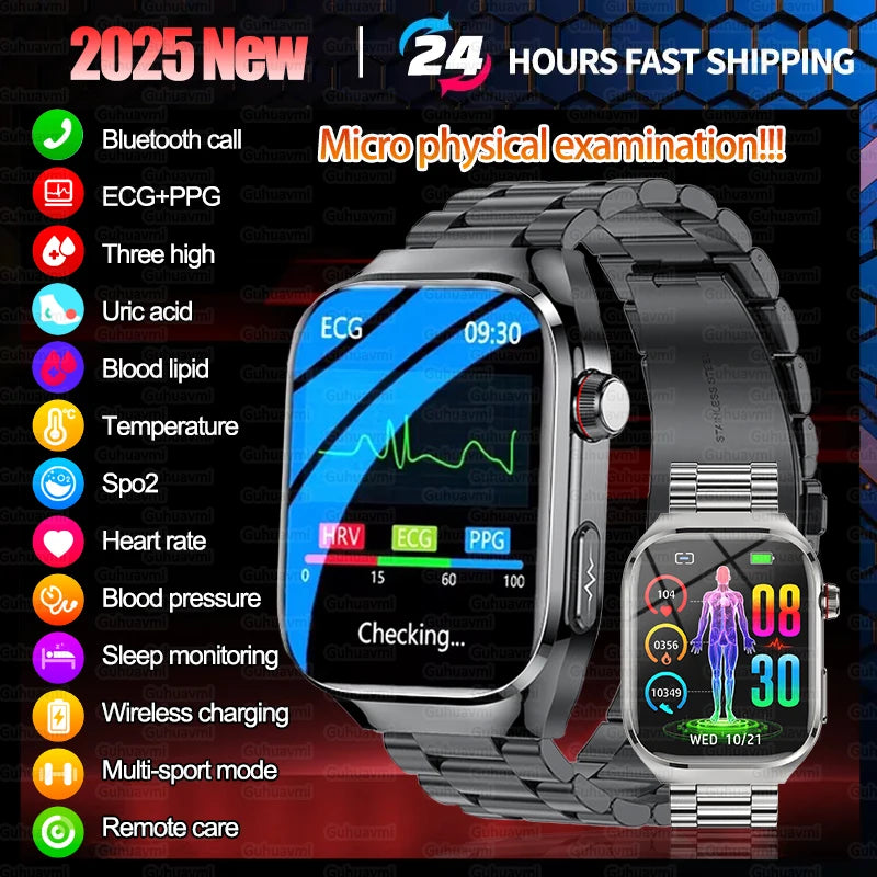 2025New Precise Blood Fat Uric Acid Smart Watch Dynamic Heart Rate Blood Pressure Health Monitor Smartwatch ECG+PPG Sports Clock