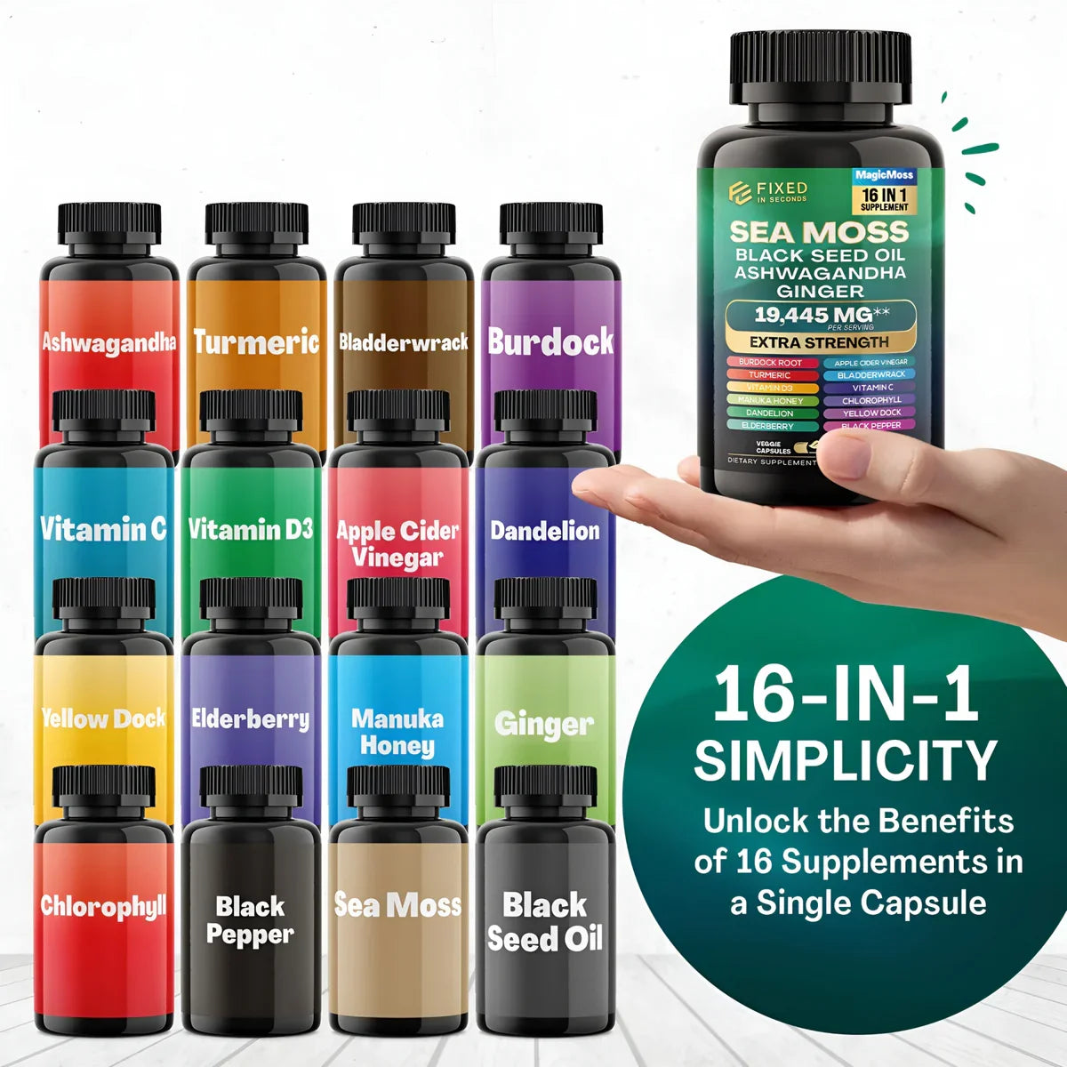 FIXED IN SECONDS Sea Moss Black Seed Oil Ashwagandha Ginger 16 in 1 19445MG -Made in USA -180 capsules
