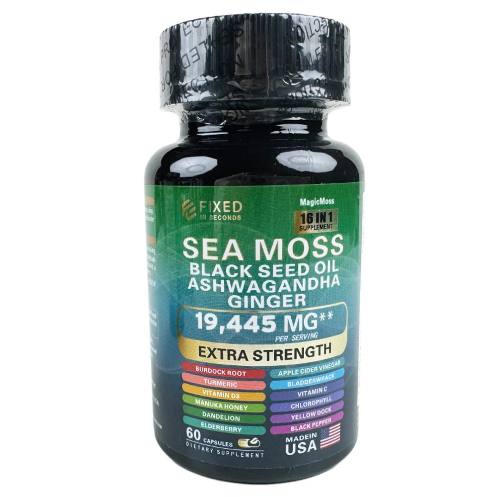 FIXED IN SECONDS Sea Moss Black Seed Oil Ashwagandha Ginger 16 in 1 19445MG -Made in USA