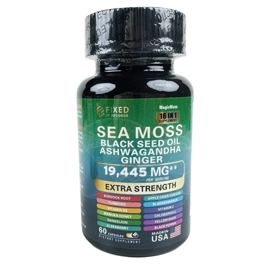 FIXED IN SECONDS Sea Moss Black Seed Oil Ashwagandha Ginger 16 in 1 19445MG -Made in USA