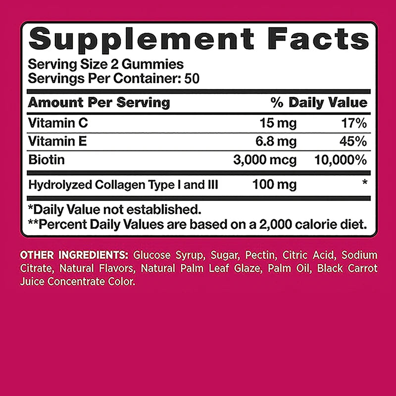 Biotin Gummies - Supports Hair, Skin, Nails & Collagen, Brightens Skin Tone - 100 Gummies