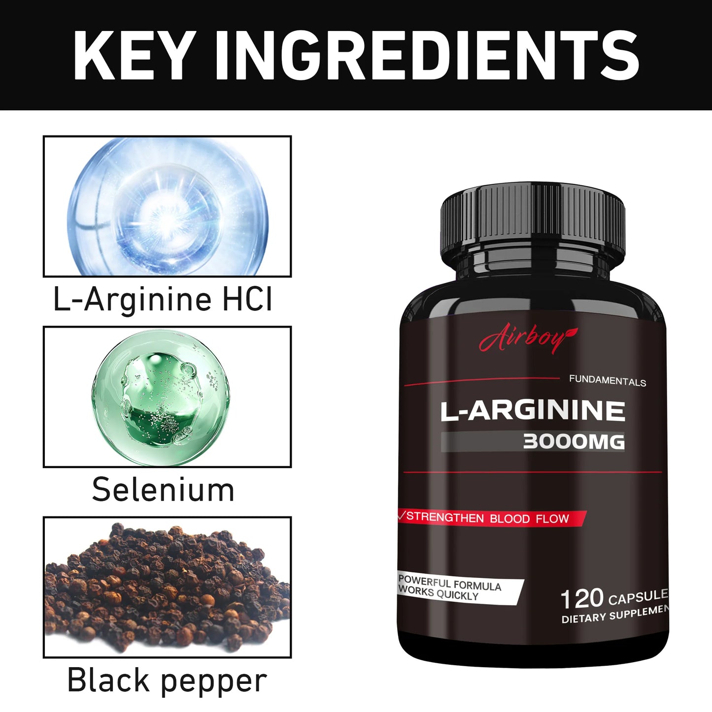 L-Arginine Capsules - Enhance Men's Energy, Muscle Mass, Endurance & Blood Flow - 120 Capsules