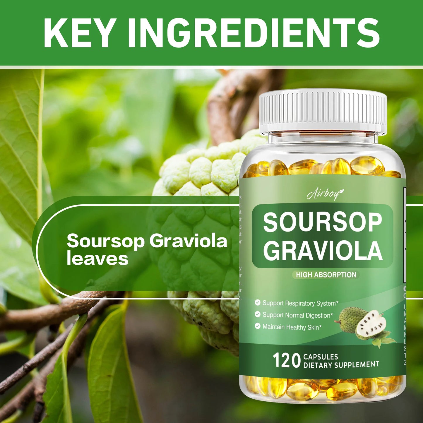 Soursop Graviola - Supports Healthy Cell Growth and Function, Improves Mood, Relieves Stress, Immune Support - 120 Capsules
