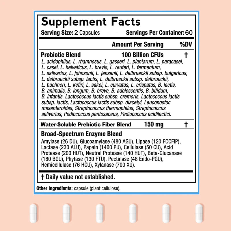 Premium Probiotic with Organic Prebiotic Fiber and Enzymes To Support Digestion and Immune System - 120 Capsules