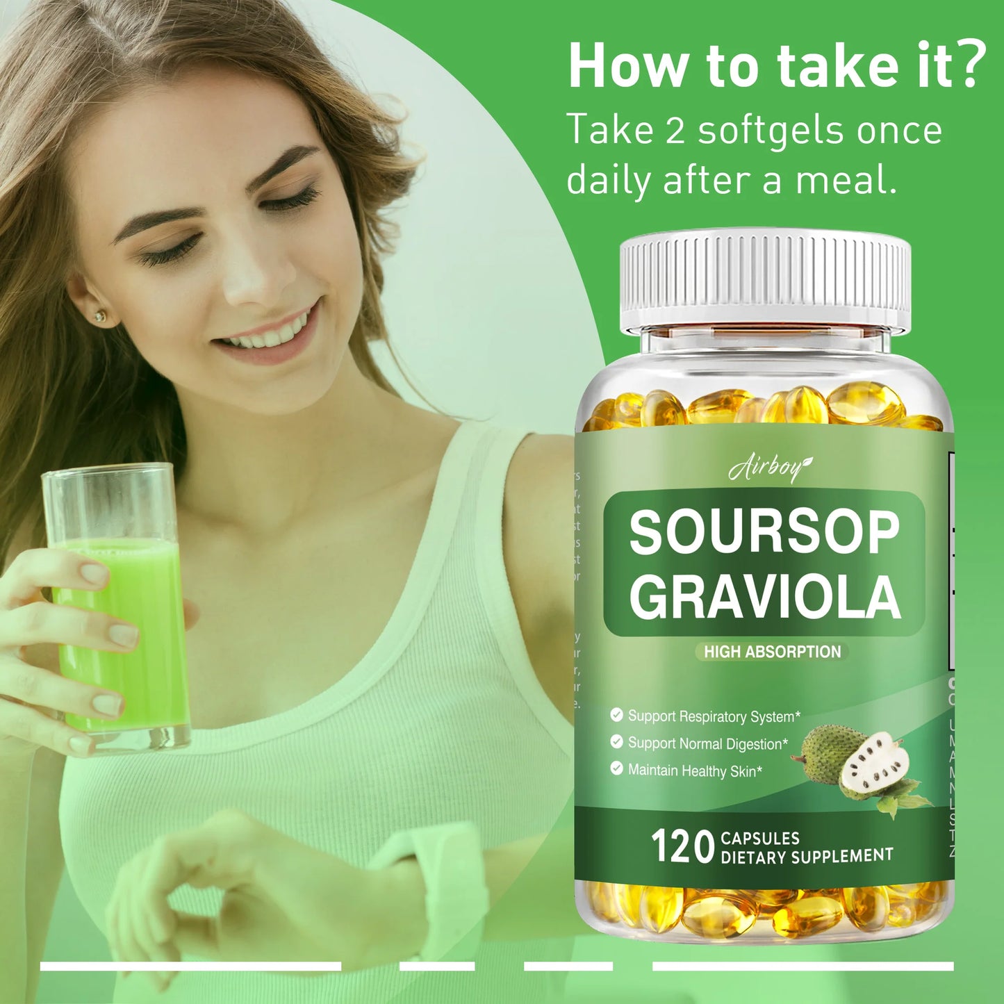 Soursop Graviola - Supports Healthy Cell Growth and Function, Improves Mood, Relieves Stress, Immune Support - 120 Capsules