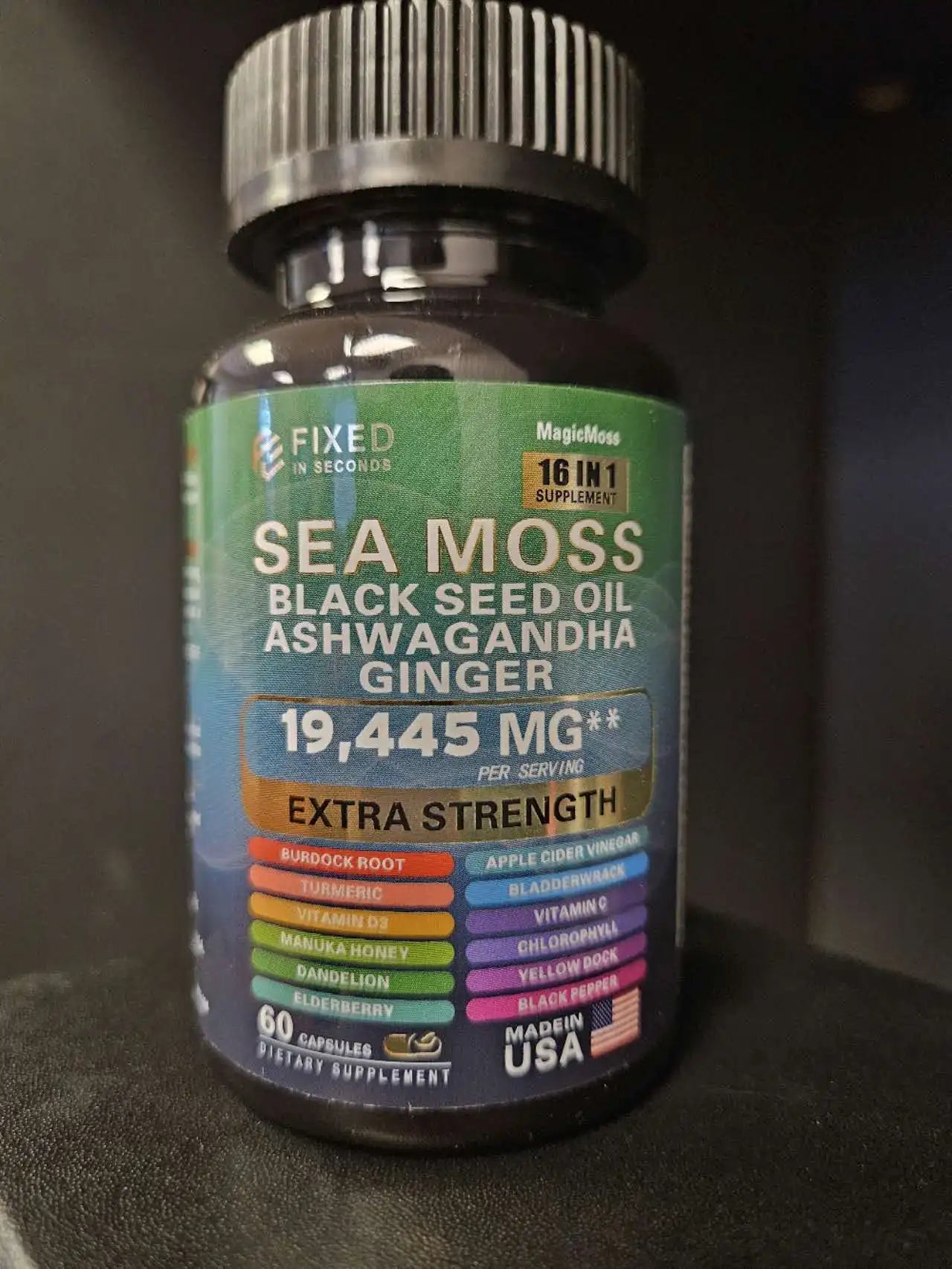 FIXED IN SECONDS Sea Moss Black Seed Oil Ashwagandha Ginger 16 in 1 19445MG -Made in USA-120 capsules