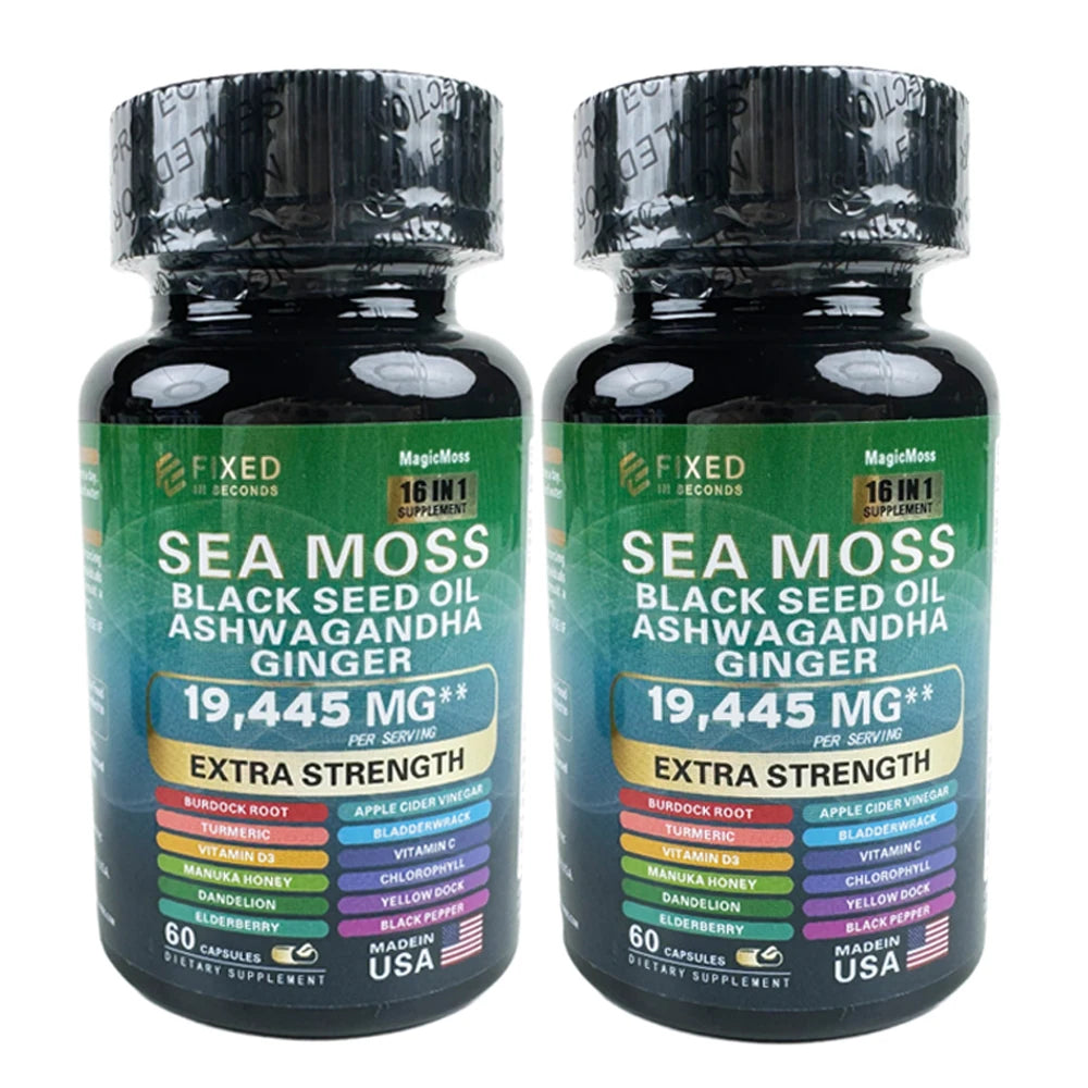 FIXED IN SECONDS Sea Moss Black Seed Oil Ashwagandha Ginger 16 in 1 19445MG -Made in USA-120 capsules