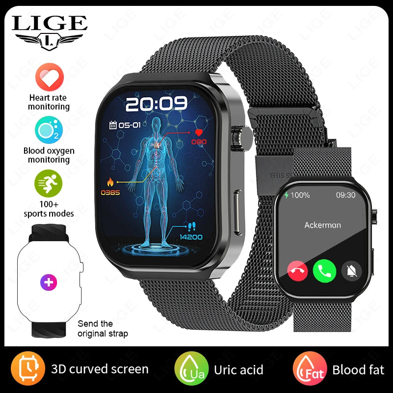 LIGE 2025 New AI Healthy Diagnose Smart Watch Blood Lipid Uric Acid Bluetooth Call Blood Pressure Health Smartwatch Men Women