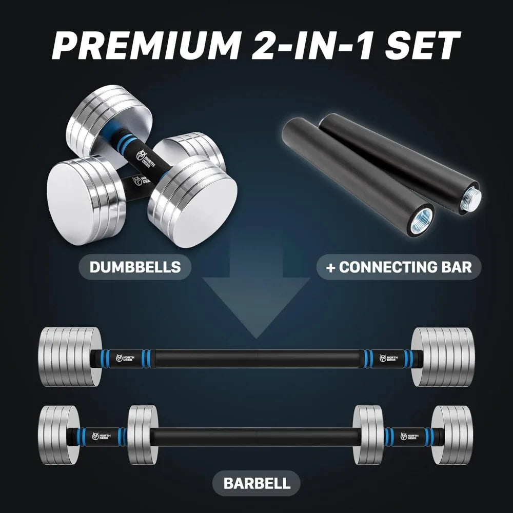 Adjustable steel dumbbells 40LB / 60LB - 2 in 1 dumbbell barbell set for home gym workouts - compatible with V1.0 dumbbells