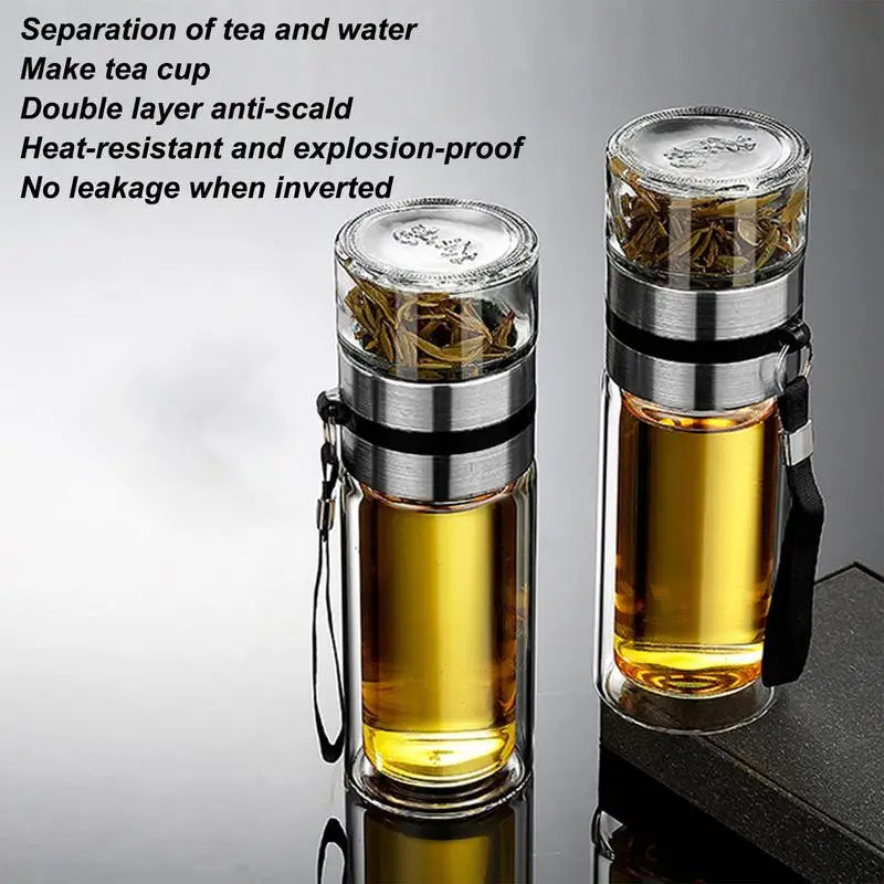 Glass Tea Infuser Bottle Leak-Proof Travel Mug Double Wall Tea Cup Portable Infuser Water Bottle, Water Separation Tea Bottle