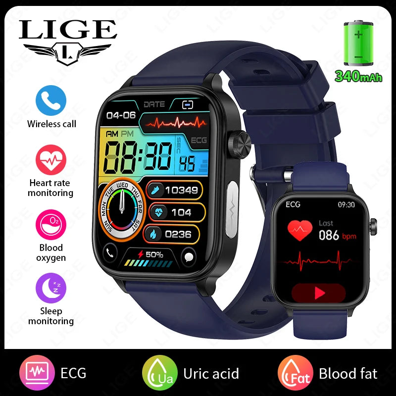 LIGE ECG+PPG Smart Watch Women Blood Lipid Uric Acid AI Diagnostic Detector Body Temperature Female Menstrual Health Tracker New