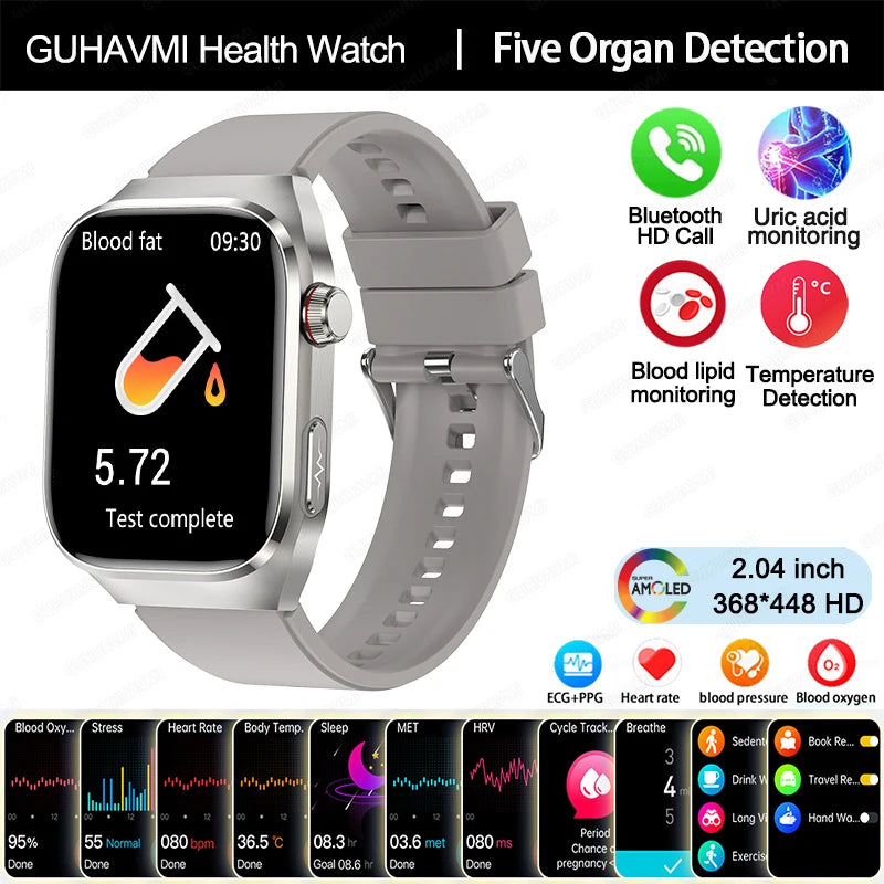 2025New Precise Blood Fat Uric Acid Smart Watch Dynamic Heart Rate Blood Pressure Health Monitor Smartwatch ECG+PPG Sports Clock