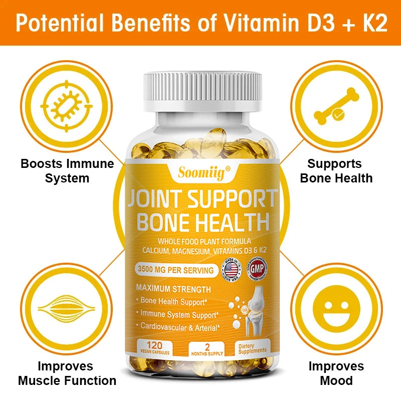 Calcium Magnesium Vitamin D3 & K2 - Supports healthy joint structure, function & comfort, muscle, immunity, bones, non-GMO