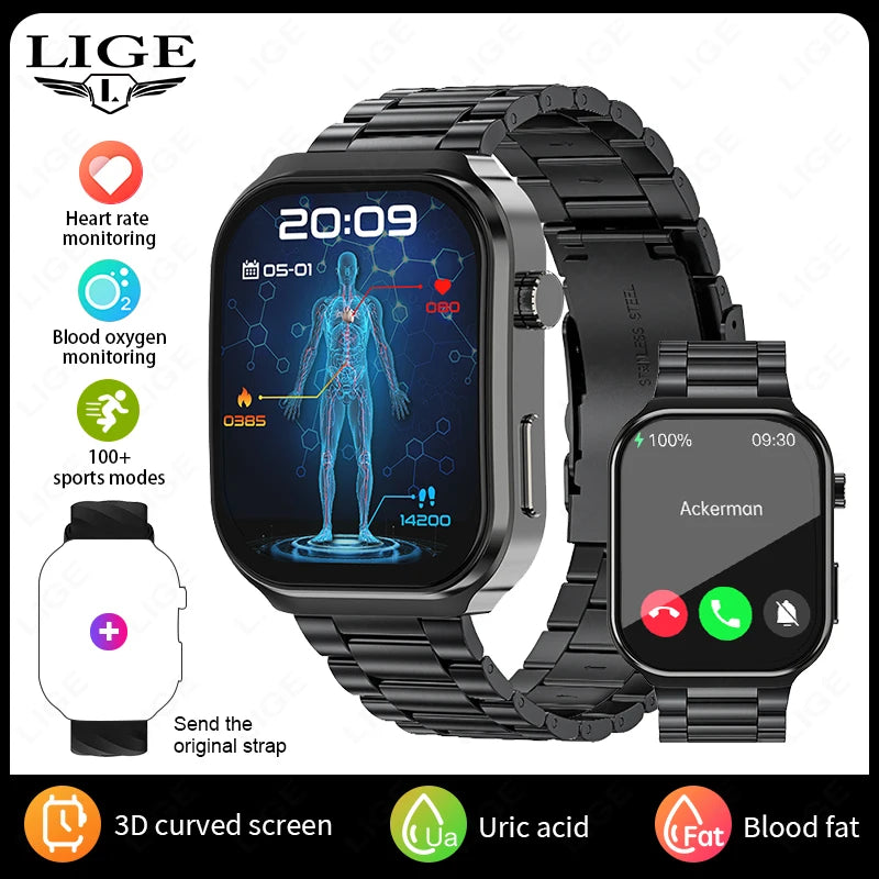 LIGE ECG+PPG AI Medical Diagnosis Health Smartwatch Blood Lipids Uric Acid Smart Watch Men Waterproof Watch Women Bluetooth Call