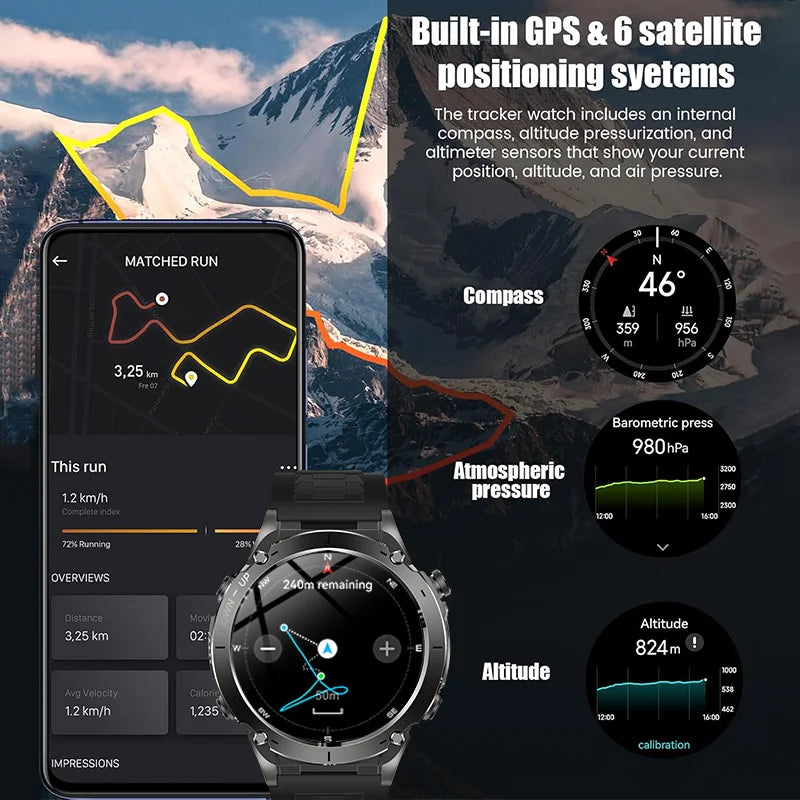 Men Outdoor Military GPS Track AMOLED HD Flashlight 730mAh Battery Compass Barometer 3ATM Waterproof Bluetooth Call Smart Watch