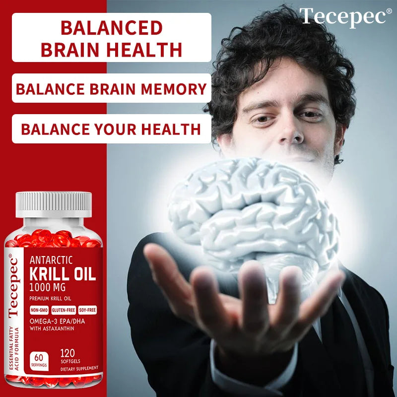 Antarctic Krill Oil 1000 Mg with Omega-3 EPA, DHA, Astaxanthin and Phospholipids for Heart, Brain and Skin Health Support