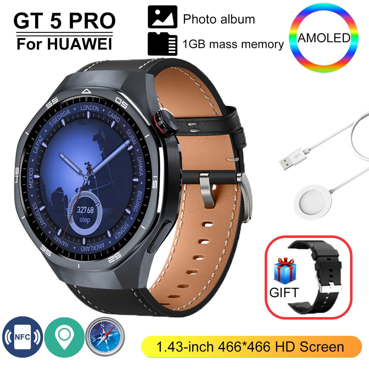 GT 5 Pro 2025 New SmartWatch Men 466*466 HD Screen 24h Blood Pressure Monitoring Men's Women NFC GPS Outdoor Sports Smartwatch