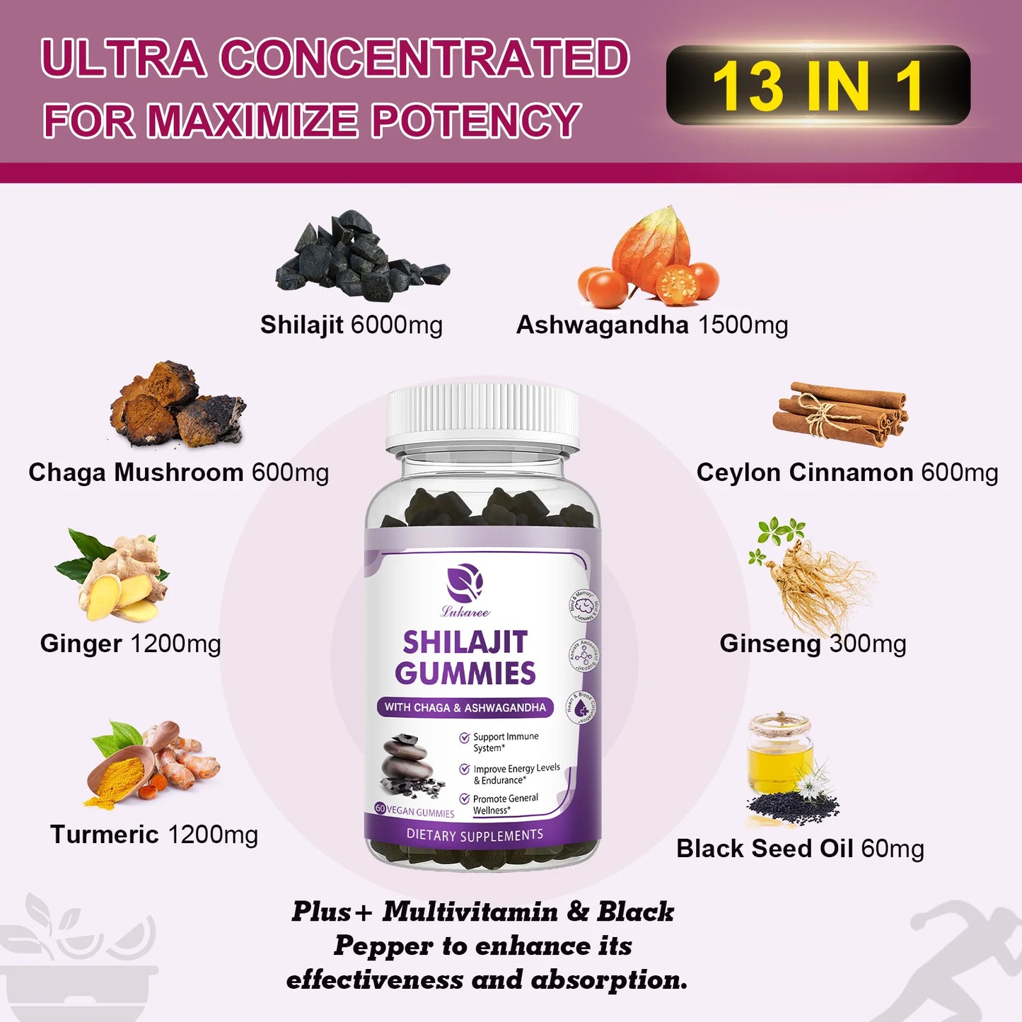 100% Himalaya Pure Shilajit Gummies 13 in 1 Original Mineral Health Supplement Non-GMO Brain Memory Cognitive Energy Health