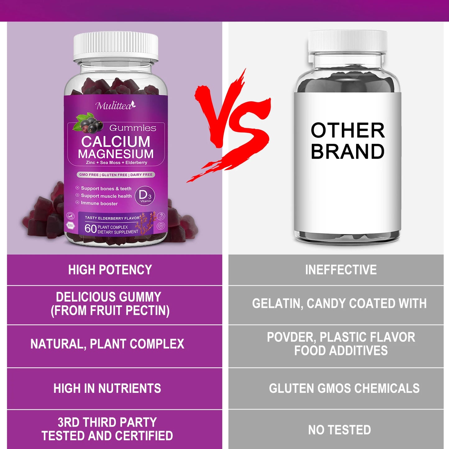 Calcium Magnesium Zinc Gummies High Absorption Magnesium Glycinate 200mg Contains D3 and Sea Moss for Bone, Muscle, Calming Mood