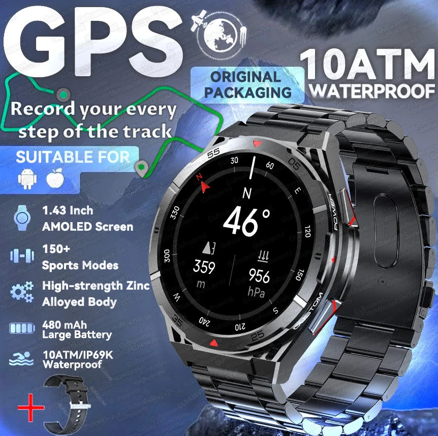 2025 New Dual-Band satellite GPS Smart Watch Men 1.43'' AMOLED Screen Compass Heart Rate BT Call IP69 Waterproof Swimming Watch