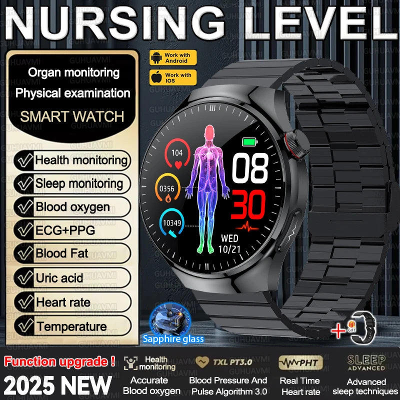 2025 New Nursing Grade Smart Watch Accurate Blood pressure Heart Rate Uric Acid ECG+PPG Bluetooth Calling Health Smart watch Men