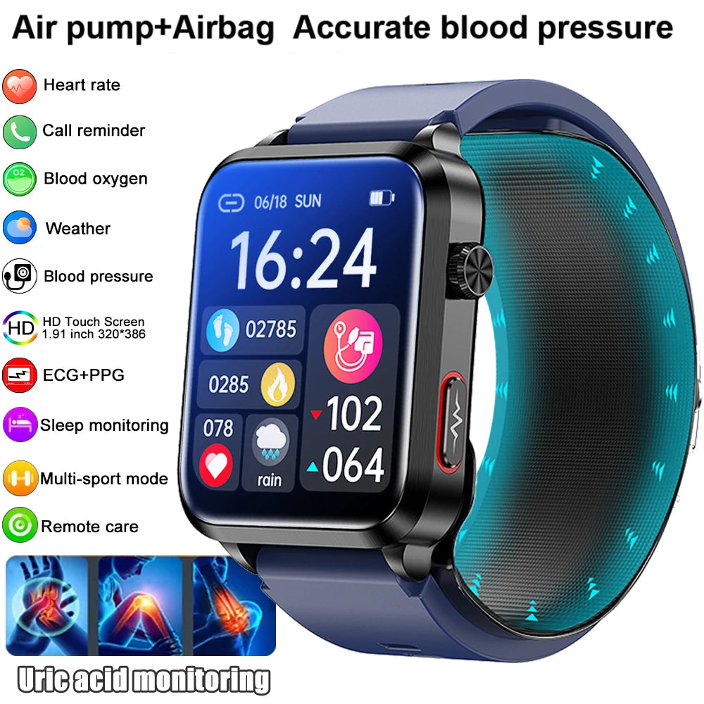 2025 New Air Pump ECG Smart Watch men Airbag health watch for huawei True Accurately Blood Pressure Uric Acid Blood Lipids watch